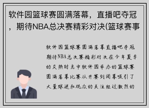 软件园篮球赛圆满落幕，直播吧夺冠，期待NBA总决赛精彩对决(篮球赛事软件)